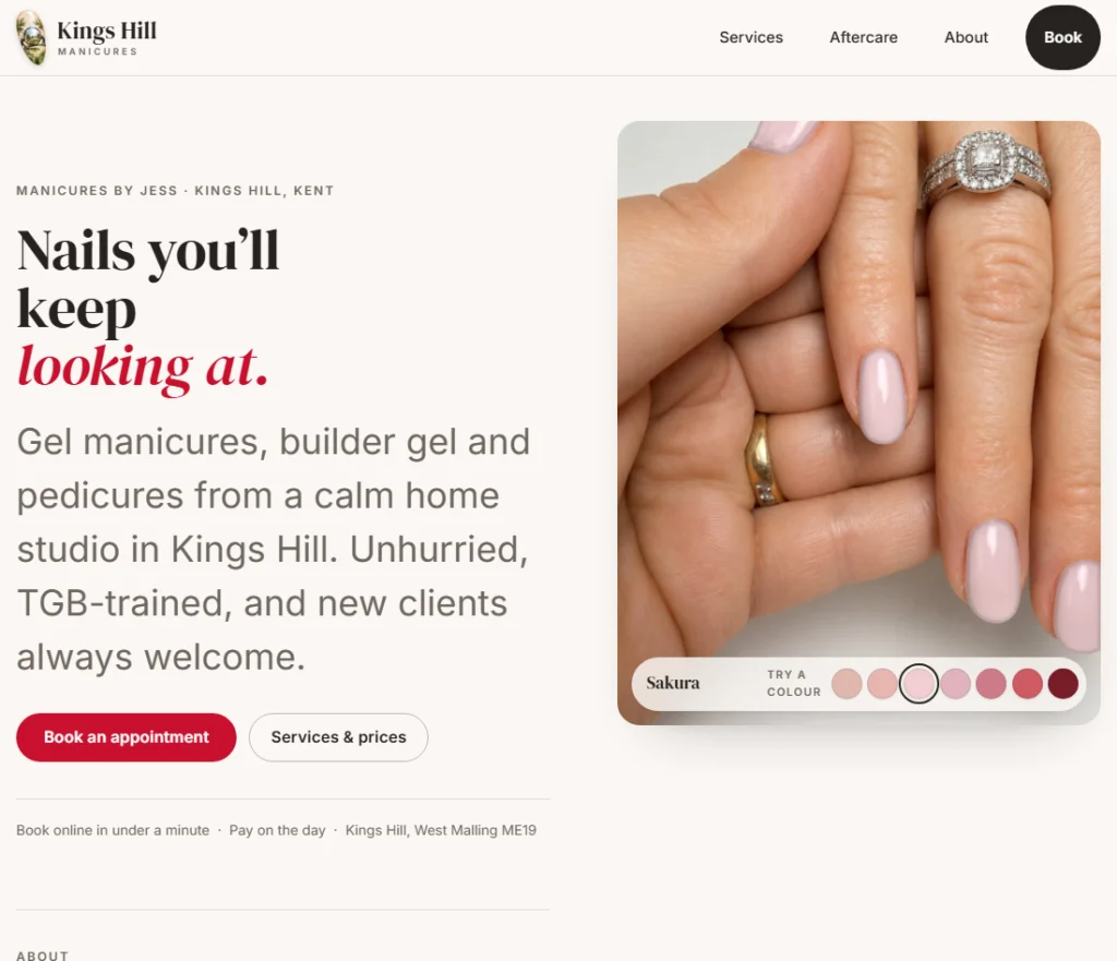 Kings Hill Manicures home page: a calm, light nail studio site with a try-a-colour feature