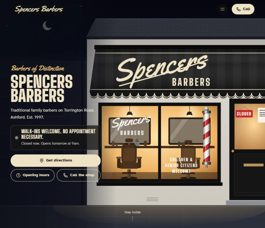 Spencer's Barbers home page with an illustrated shopfront and the barber's pole